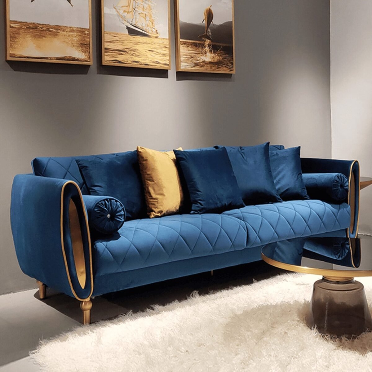Two Seater Velvet Seater Sofa in Blue and Gold
