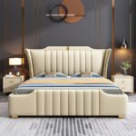 Milan Upholstered Genuine Leather Queen Size Bedframe Gas Lifting