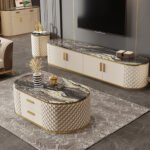 2M Greece Leather Cabinet Solid Marble Top TV Stand