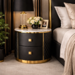Crest Round Stone Top Leather Nightstand