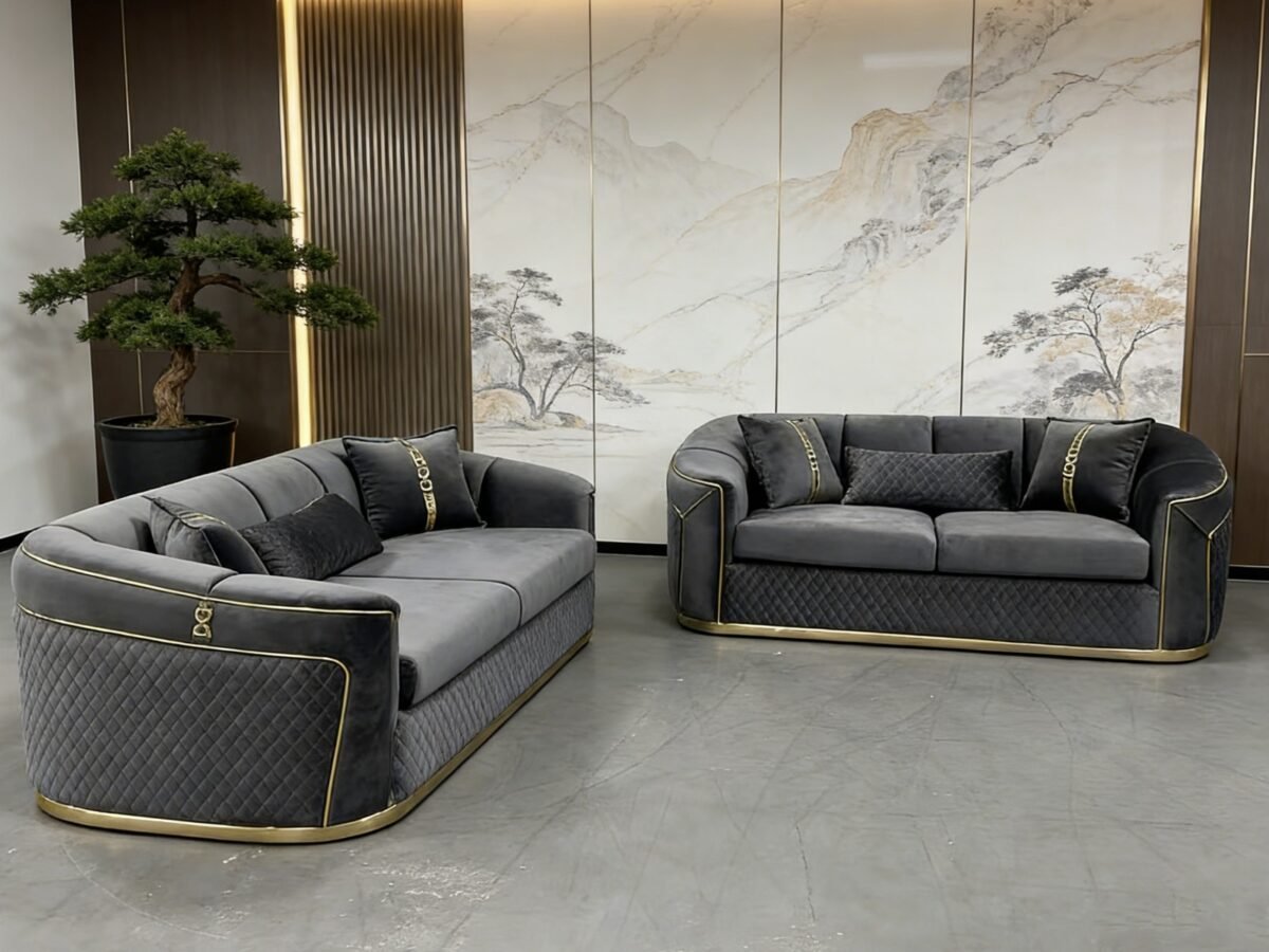 SAUDI Living Suite Upholstered Velvet Sofa Set - Grey - Image 4
