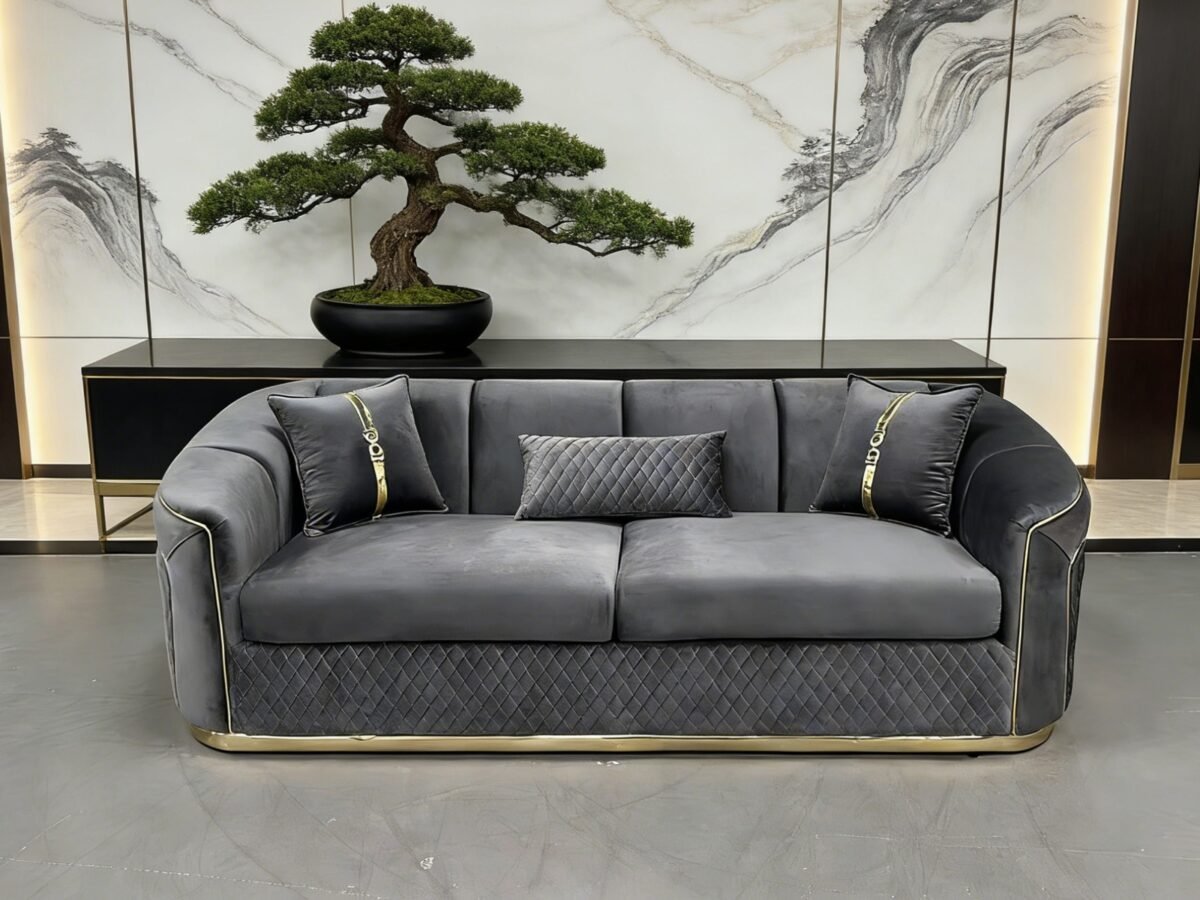 SAUDI Living Suite Upholstered Velvet Sofa Set - Grey - Image 3