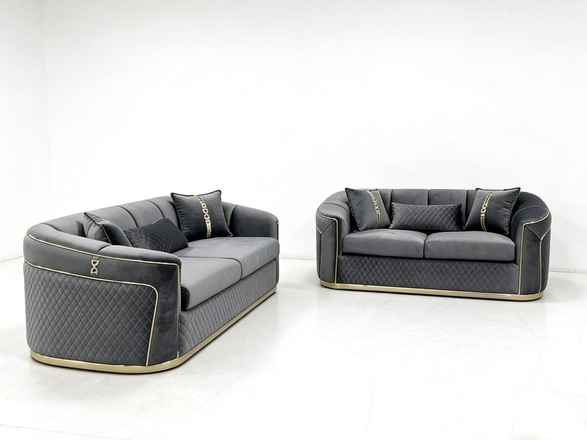 SAUDI Living Suite Upholstered Velvet Sofa Set - Grey - Image 7