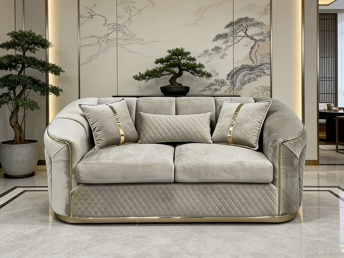 SAUDI Living Suite Upholstered Velvet Sofa Set - Taupe - Image 3