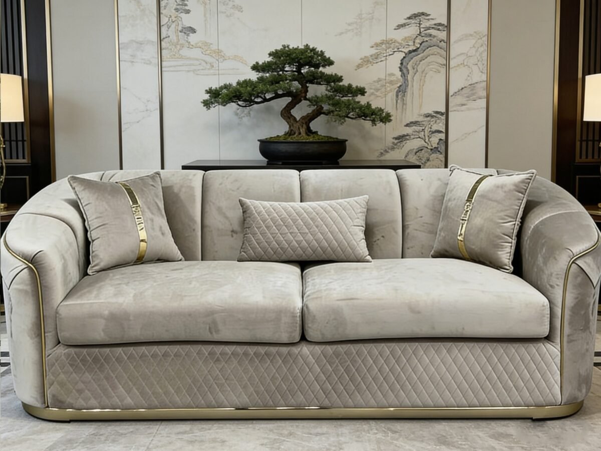 SAUDI Living Suite Upholstered Velvet Sofa Set - Taupe - Image 2