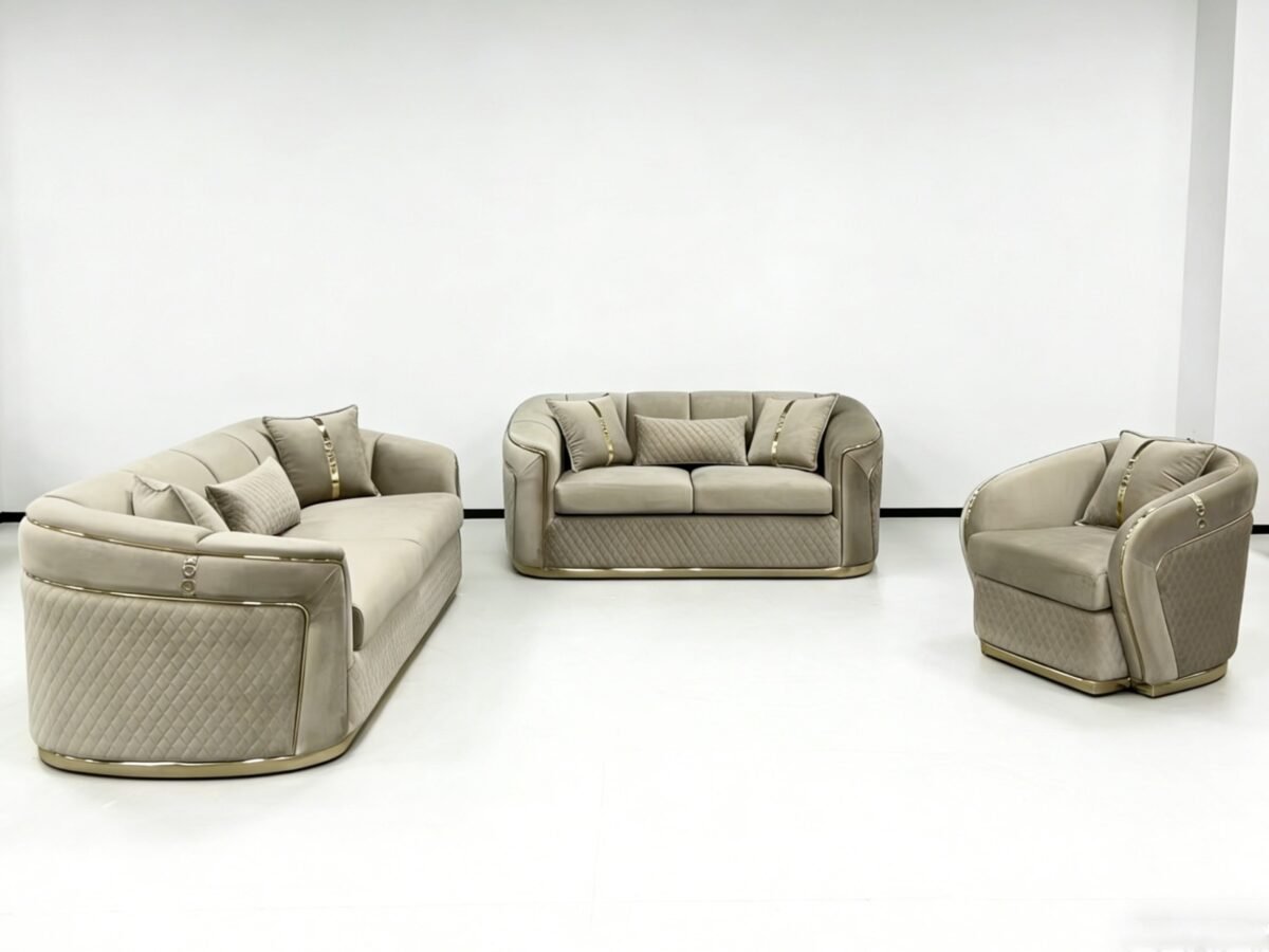 SAUDI Living Suite Upholstered Velvet Sofa Set - Taupe - Image 8