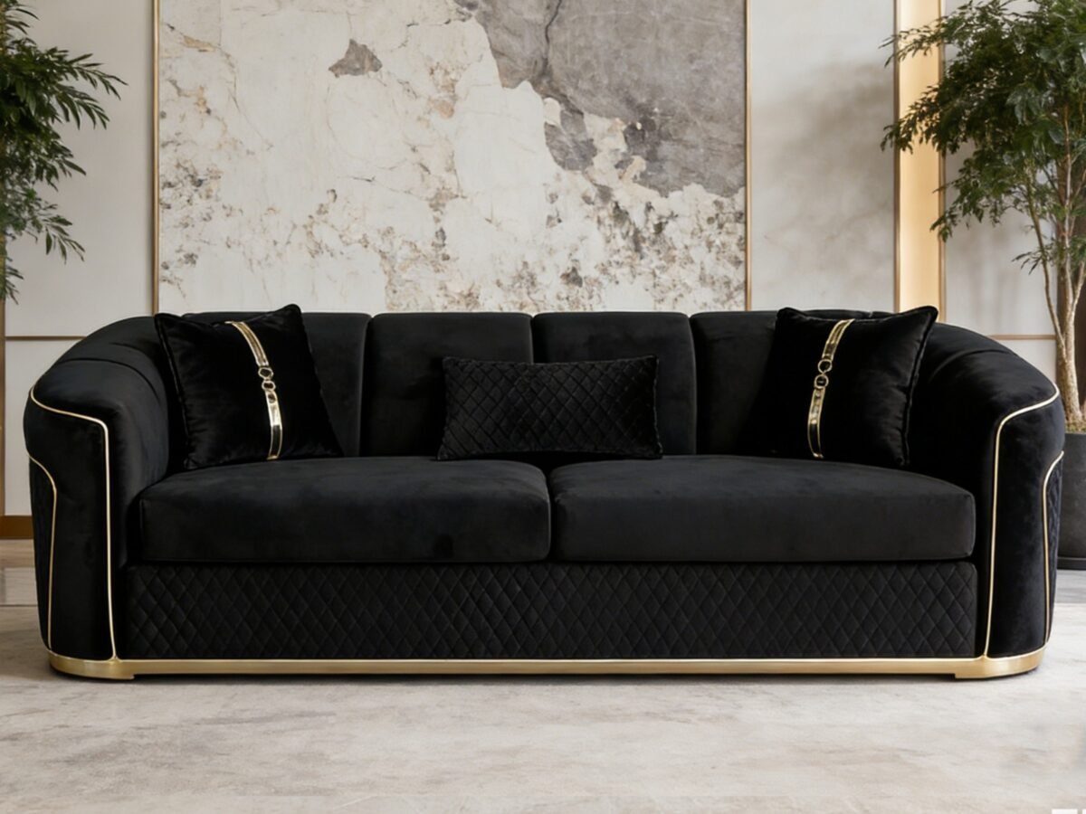 SAUDI Living Suite Upholstered Velvet Sofa Set - Black - Image 2