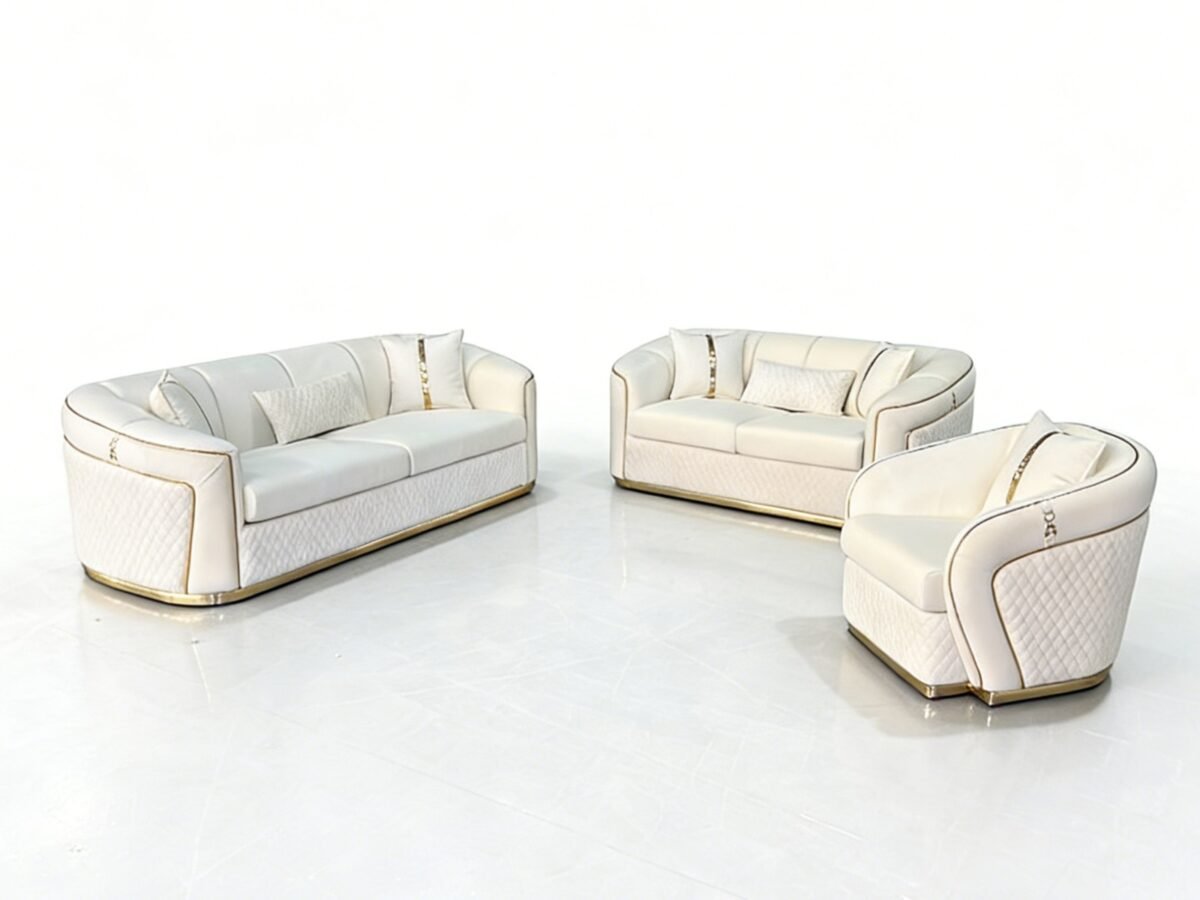 SAUDI Living Suite Upholstered Velvet Sofa Set - Cream - Image 8
