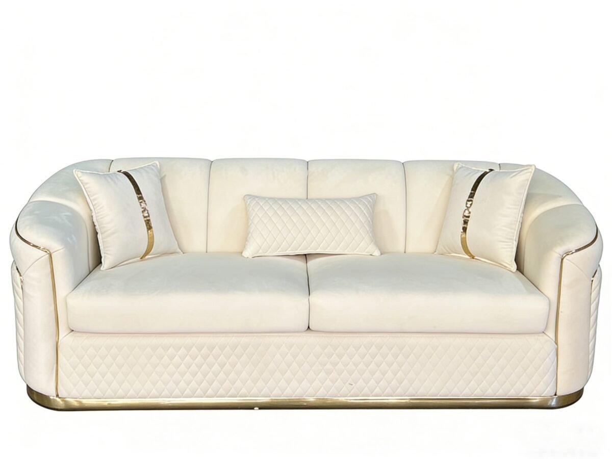 SAUDI Living Suite Upholstered Velvet Sofa Set - Cream - Image 5