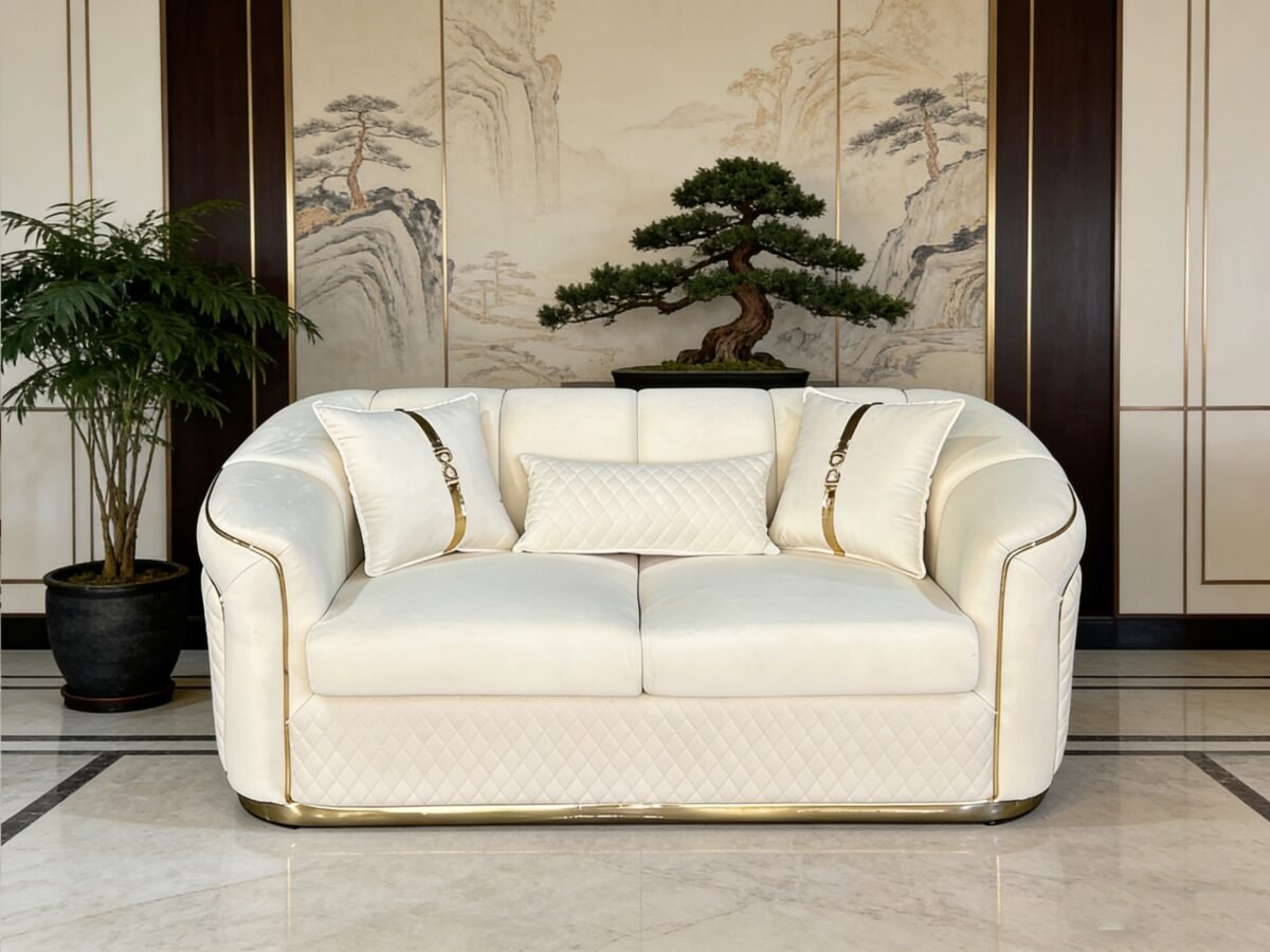 SAUDI Living Suite Upholstered Velvet Sofa Set - Cream - Image 3
