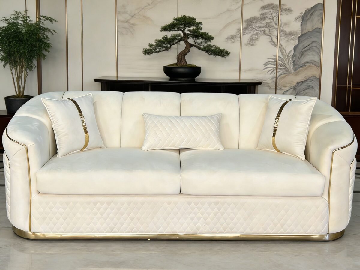 SAUDI Living Suite Upholstered Velvet Sofa Set - Cream - Image 2