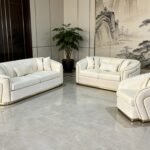 SAUDI Living Suite Upholstered Velvet Sofa Set - Cream